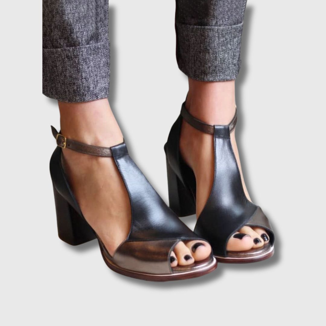 Anyao™ | Women's Black Patchwork Open Toe Heeled Sandals