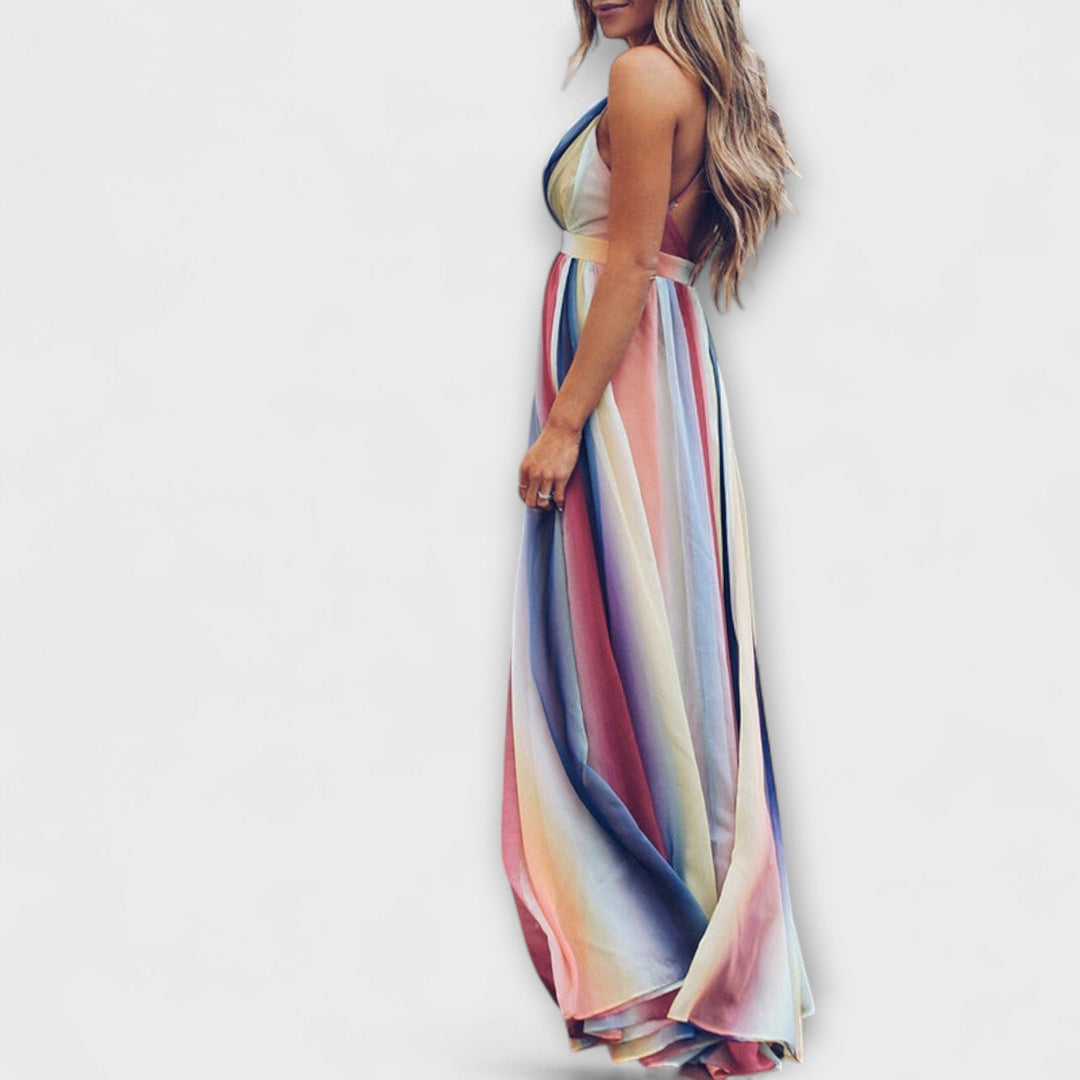 Robe Femme Multicolore Rayée avec Décolleté en V