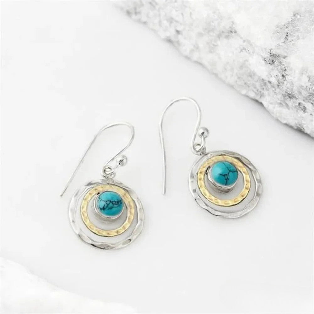 Boucles d'oreilles Boho Saturn avec pierre turquoise en argent et or